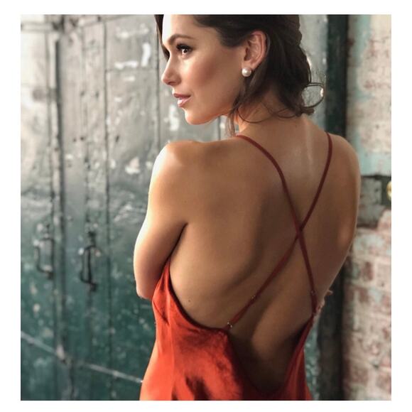 Mestiza New York Mara Red Rust Velvet Slip Open Back Cross Strap Gown Medium - Picture 8 of 13